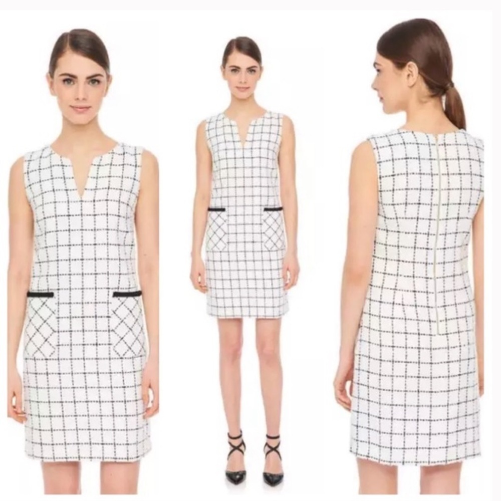 Karl Lagerfeld Windowpane White Tweed Shift Casual Sleeveless Dress Size 8
